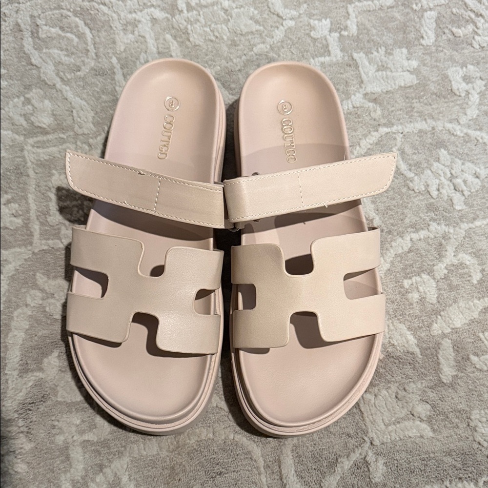 Neutral tan Slide Sandals with Cutout Strap
